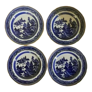 19th Century Copeland Spode Chinese Canton Style Blue & White Porcelain Luncheon Plates with Gold Trim - Set of 4