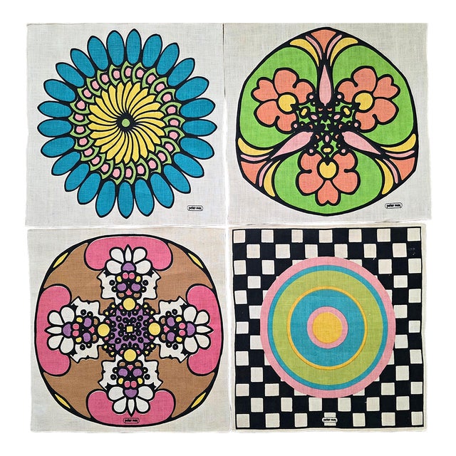 1960's Peter Max 16" Square Linen Textile Napkins - Set of 4 For Sale