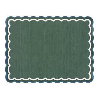Handmade Cotton Flat Weave Area Rug, Forest Green, Cream and Teal Blue Scalloped Dhurrie - 8'x10' For Sale
