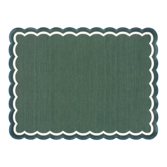 Handmade Cotton Flat Weave Area Rug, Forest Green, Cream and Teal Blue Scalloped Dhurrie - 8'x10' For Sale