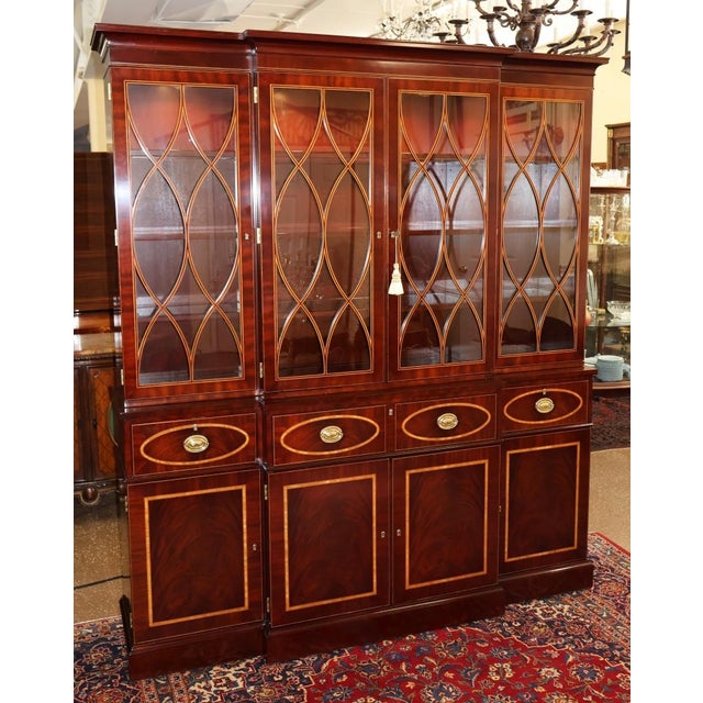 Traditional 1990s Kindel Masterworks Winterthur Mahogany Inlaid Bookcase Cabinet Breakfront For Sale - Image 3 of 18