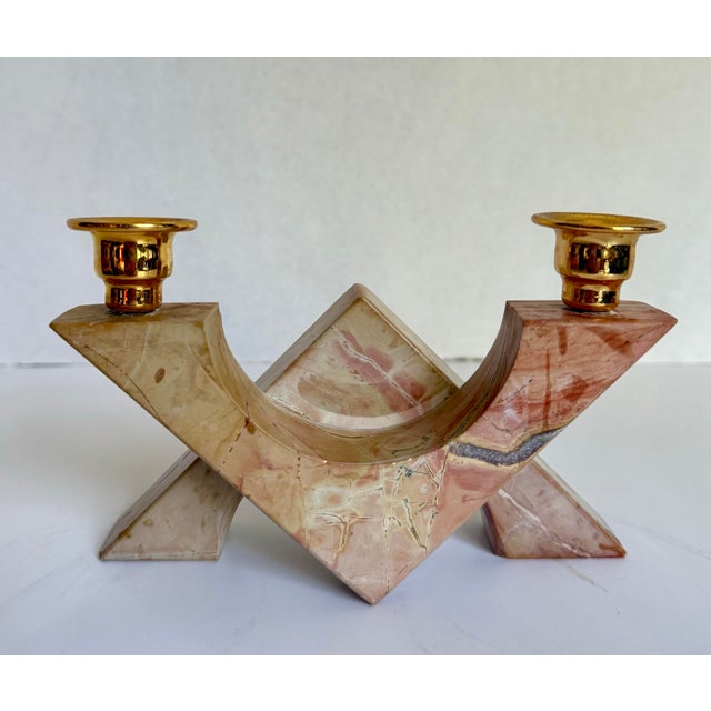 Here is a fantastic vintage postmodern candle holder crafted from beautifully veined pink marble with removable, petite...