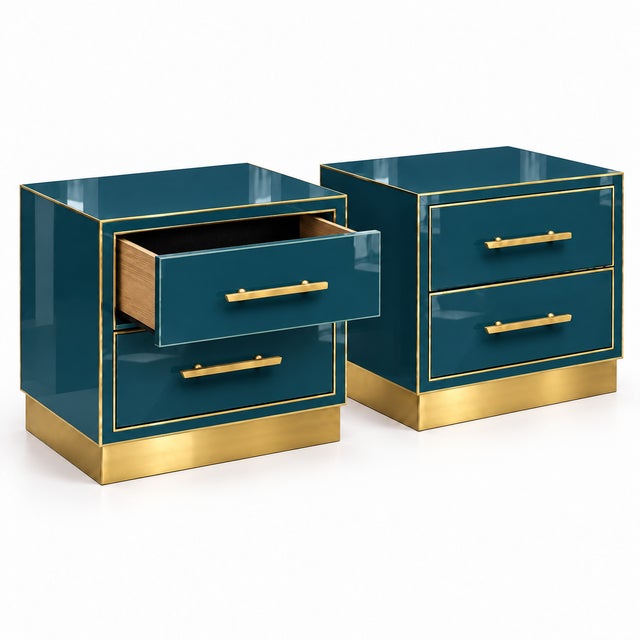 Contemporary Petrol Blue Murano Glass Nightstands on Brass Plinth from Justfurnituress SRL, Set of 2 For Sale - Image 3 of 9