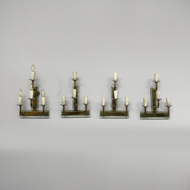 Italian Art Deco Glass and Brass Wall Lights, 1930s, Set of 4 For Sale - Image 3 of 11
