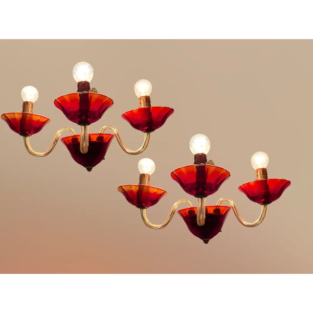 Italian ruby red murano glass sconces 1960’s hand blown red ruby murano glass gold colored murano glass arms height 13 cm...