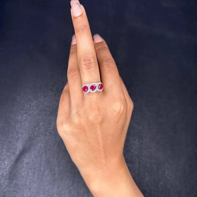 Ruby Red Three Stone Real Ruby Engagement Ring in 18k Solid White Gold With Diamonds Size 7 For Sale - Image 8 of 15