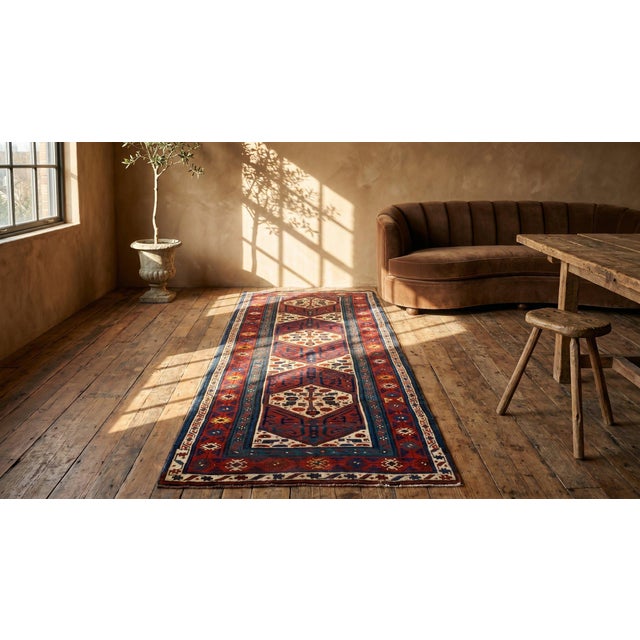 1870s Red Geometric Tribal Antique Nw Persian Rug 3'6" X 9'8" Handknotted Wool Carpet For Sale - Image 9 of 9