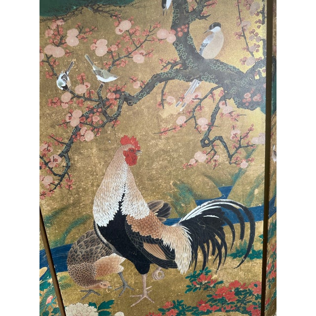 19th Century Japanese Screen Byobu Folding Rooster 6-Panel Spring Summer Hold Raku Kano, Framed For Sale - Image 12 of 12