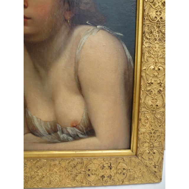 19th-century study of a young maiden in a silk slip. Casual, young, and fresh-faced. Beautiful classic portrait, unsigned...