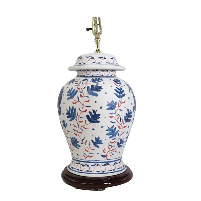 Early 21st Century Vintage Brunschwig & Fils Cadiz Table Lamps - Blue and Cream Ceramic With Boar and Deer Motif For Sale - Image 5 of 11