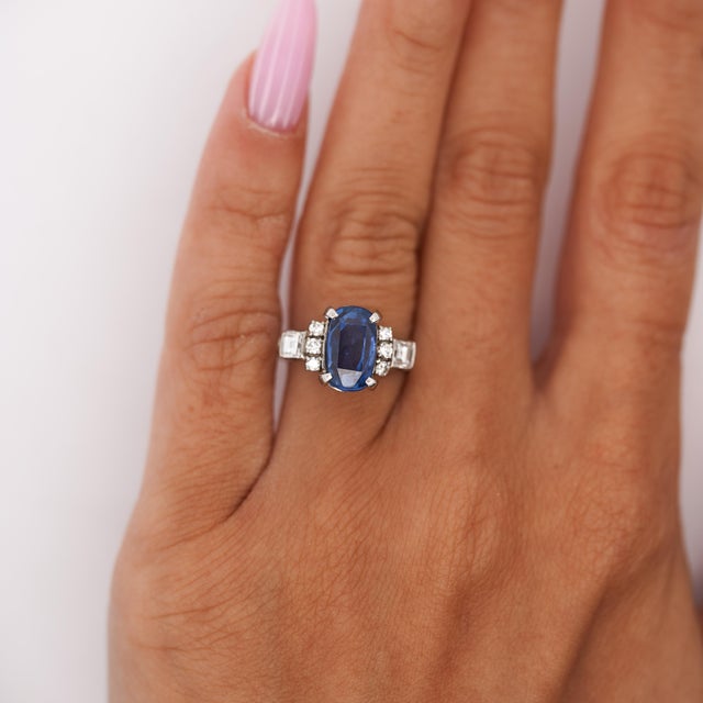 2.51 Carat Oval Blue Sapphire & Mixed Diamond Platinum Filigree Ring, Size 4 For Sale - Image 10 of 12