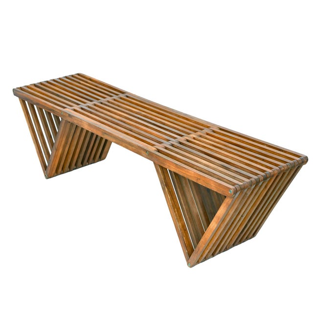 1970s MCM Slatted Teak Wooden Bench For Sale - Image 4 of 6