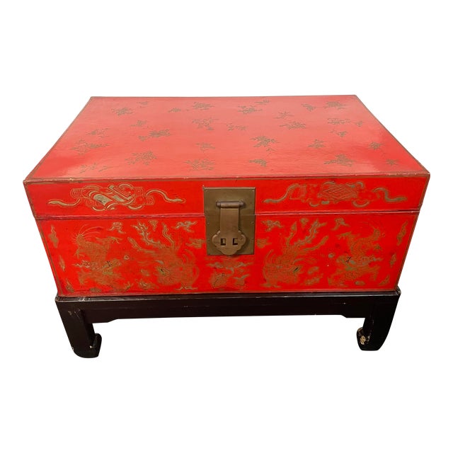 1920s Antique Chinese Hand Painted Red Lacquer Trunk on Stand For Sale