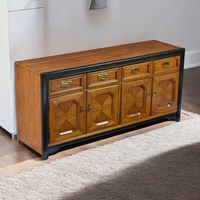 Thomasville Embassy Wood Inlay Chinoiserie Inspired Brass Accent Credenza For Sale - Image 6 of 18