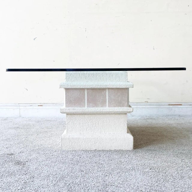 1980s Postmodern Pink Ceramic and Stucco Glass Top Coffee Table For Sale - Image 5 of 11