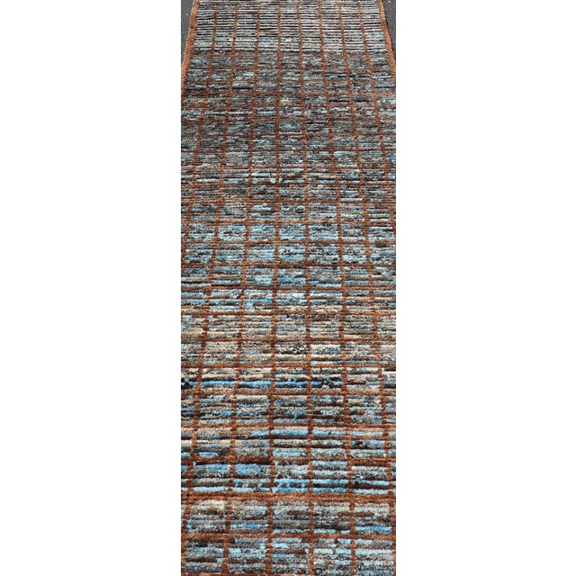 Tribal Keivan Woven Arts Modern Runner in Distressed Moroccan Squared Design With Blue For Sale - Image 3 of 11