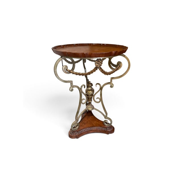 Late 20th Century French Style Mixed Metal and Scalloped Wood Top Accent Table For Sale