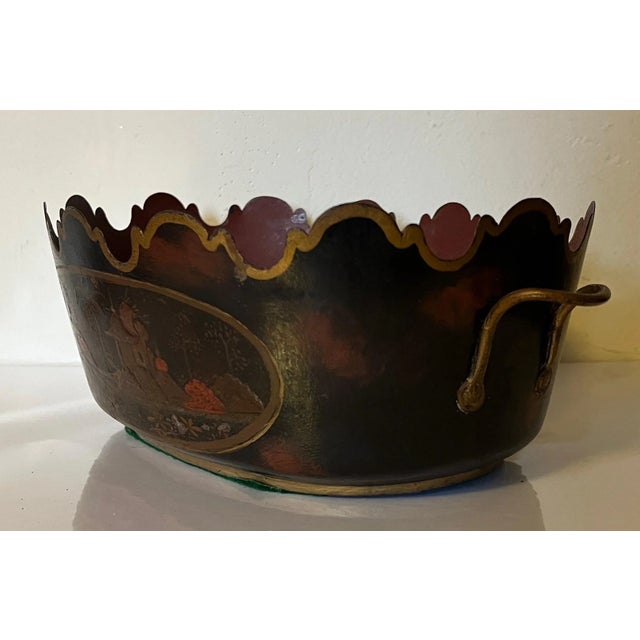 Antique 18th century French paint decorated tole monteith. Oval with loop handles at the sides. Original black finish with...