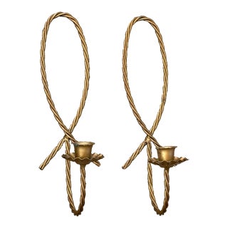 Gold Rope Twist Metal Wall Sconce Candleholders - A Pair For Sale