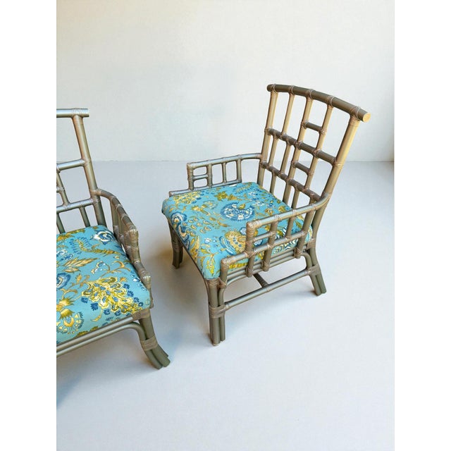 Vintage Hollywood Regency Chinoiserie Celadon Green Bamboo Arm Chairs - A Pair For Sale - Image 4 of 14
