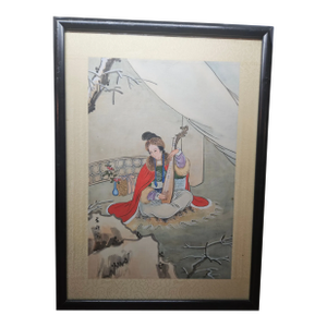 Vintage Chinese Original Watercolor Painting, Woman Playing Pipa, Signed, Framed