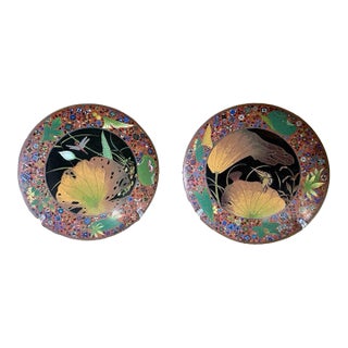 Pair of Meiji Japanese Cloisonne Enamel Plates Goto School Lotus and Insects For Sale