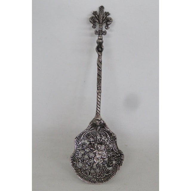 Italy Ornate Silvertone Straining Spoon Decorative Floral Cherub Motif 5143b For Sale - Image 12 of 12