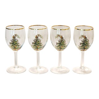 1970s Original Spode Christmas Tree All Purpose Wine Stemware Glasses- Set of 4 For Sale