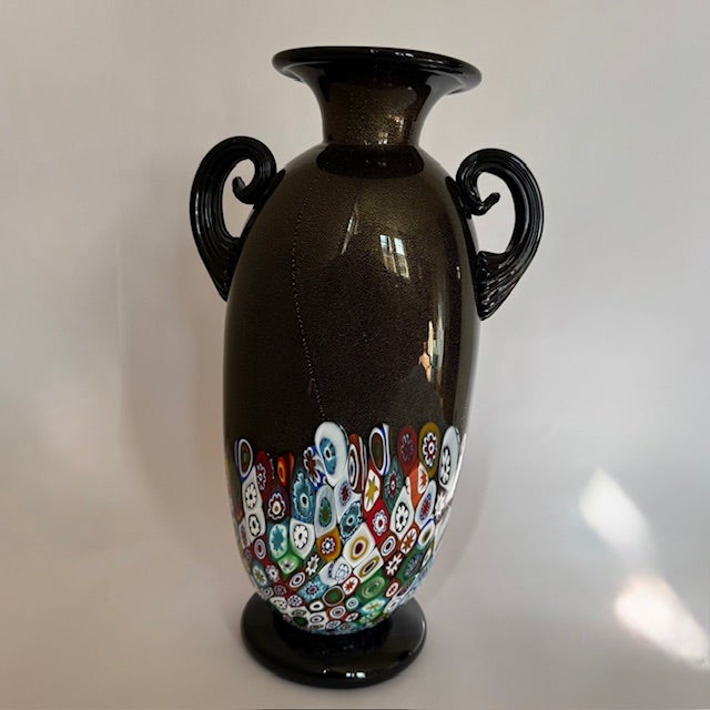Signed Gambaro & Poggi Murano Millefiori Aventurine Art Glass Vase With Scroll Handles For Sale In Savannah - Image 6 of 13