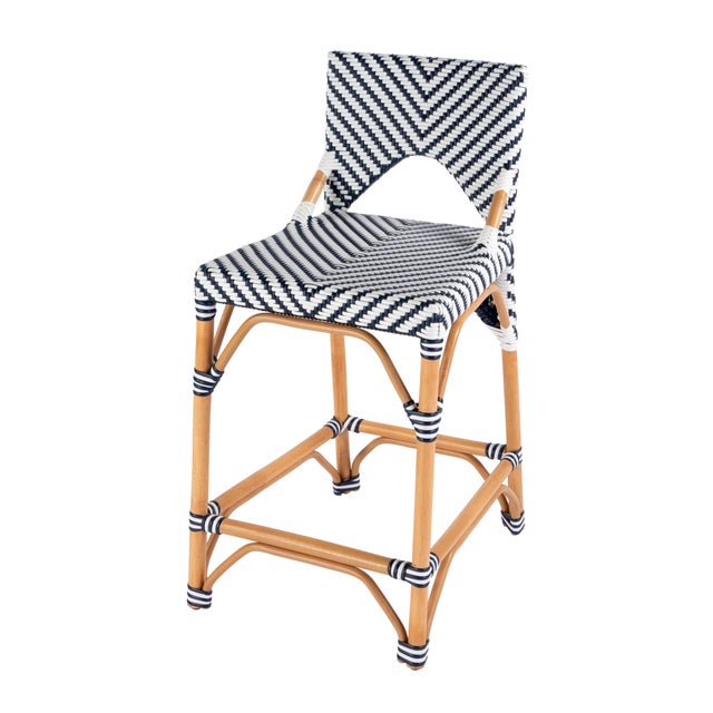 Blue Creanly 25.25 in. Seat Height Rattan Counter Stool with Back and Footrest, White/Navy Dot / Natural Rattan Frame For Sale - Image 8 of 8