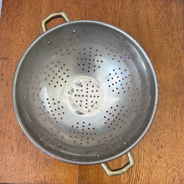 Mid 20th Century Vintage French Country Copper Colander Strainer With Sculptural Brass Handles For Sale - Image 5 of 6