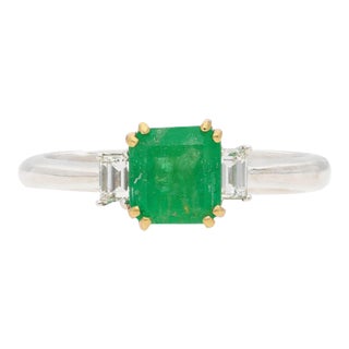 1.20 Carat Colombian Emerald and Baguette Diamond 3-Stone Ring, Size 6 For Sale