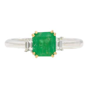 1.20 Carat Colombian Emerald and Baguette Diamond 3-Stone Ring, Size 6