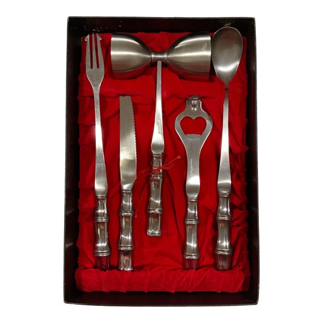 Mid-Century Stainless Steel Bamboo Bar Tool Set by Goodwood in Orig. Box -Vintage Barware for Palm Beach Regency & Grandmillennial Style For Sale