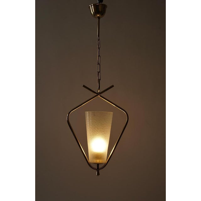 Gold Mid-Century Brass Pendant Lamp with Textured Glass Shade by R. Nikoll, Austria, 1958 For Sale - Image 8 of 14