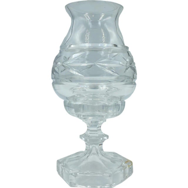 Mid 20th Century Vintage 2-Piece Clear Cut Crystal Glass Hurricane Lamp Candle Holder Light For Sale - Image 10 of 12