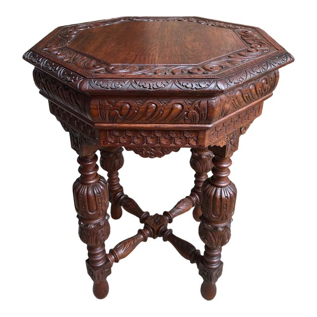 Petite Antique French Octagon Center Side Table Renaissance Carved Oak For Sale