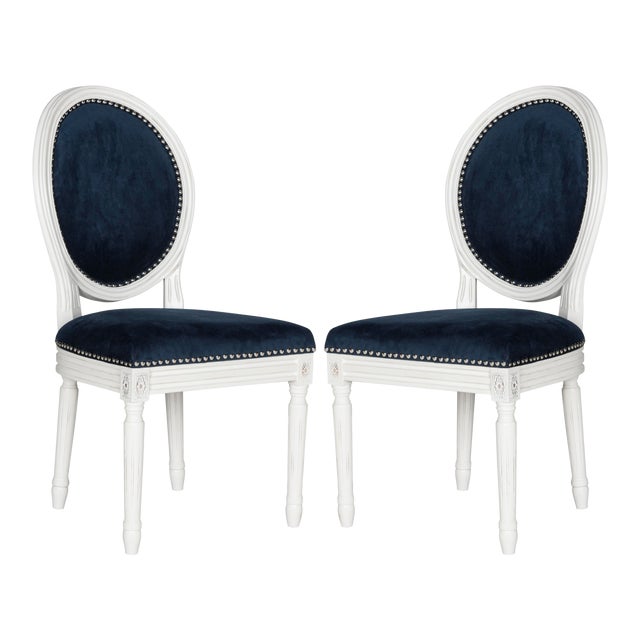 19''H French Brasserie Velvet Oval Side Chair With Silver Nailheads in Navy & Cream - a Pair For Sale