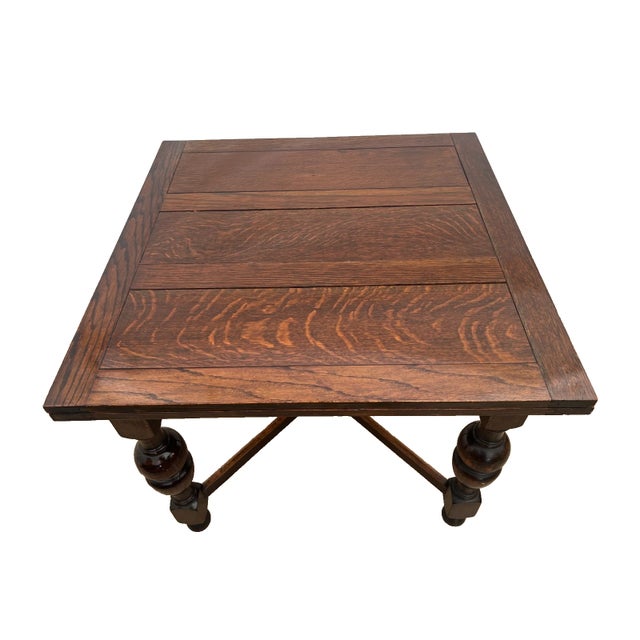 Early 20th Century English Tudor Expansion Table Turned Baluster Legs Quarter Sawn Oak, X-Stretcher For Sale - Image 4 of 16