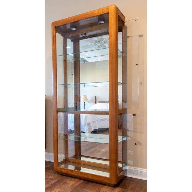 Vintage-Style Tall Oak Curio Display Cabinet W/ Illuminated Glass Shelves, Magnetic Doors & Antique Brass Knobs For Sale - Image 4 of 15