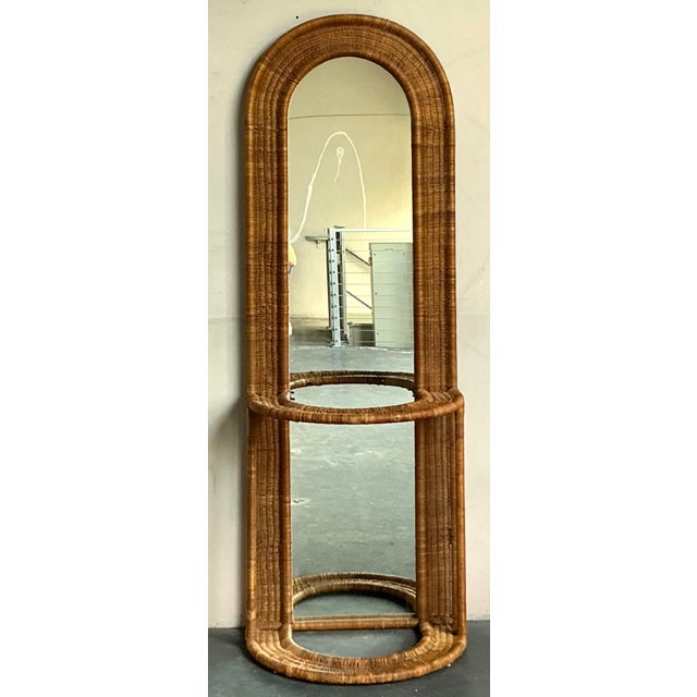Contemporary Vintage Boho Woven Rattan Hall Mirror For Sale - Image 3 of 6