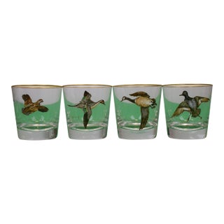 Set X 4 Cyril Gorainoff Hand Enamel Painted Game Bird Old Fashioned Glasses For Sale