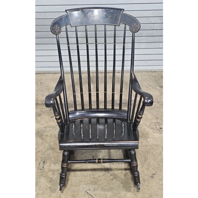 American Late 20th Century Share Black Hitchcock Style Windsor Arm Rocking Chair Harvest Stencil Gold Accents For Sale - Image 3 of 8