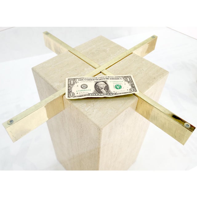 Mid 20th Century Pair Travertine Bases Cross Support Glass Top End Side Occational Tables Stands For Sale - Image 5 of 15