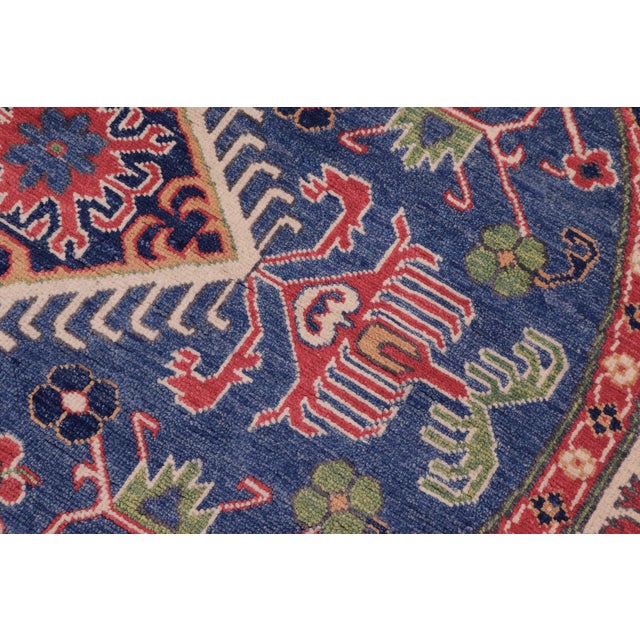 Blue Southwestern Kazak Smoot Blue/Ivory Wool Round Rug- 4'10''x4'10'' For Sale - Image 8 of 9