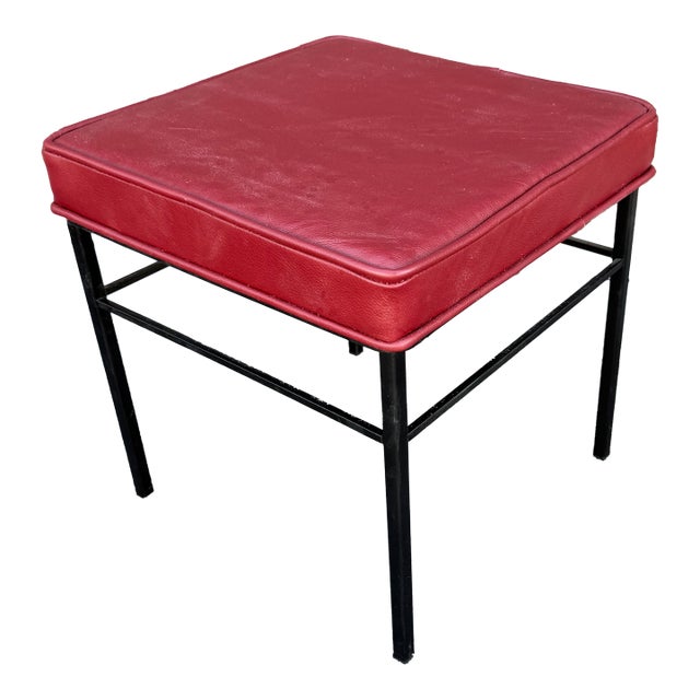 Vintage Mid Century Modern Wrought Iron and Leather Stool From Albert Parvin For Sale