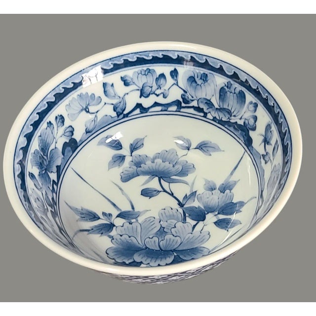 Japanese Vintage Blue & White Porcelain Floral Japanese Asian Serving Bowls, Marked- a Pair For Sale - Image 3 of 7