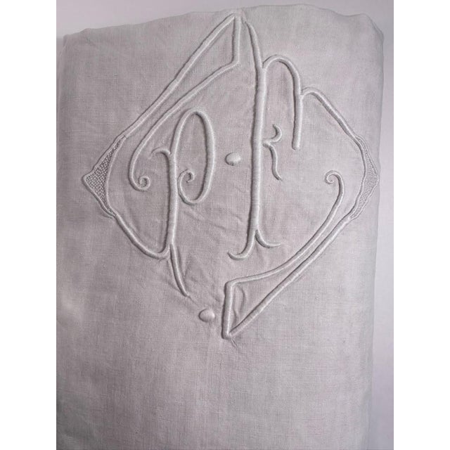 Linen Antique French Linen Sheet Circa 1920 Pf Monogram Whitework Embroidery Handworked Hemstitch Trousseau Bedding For Sale - Image 8 of 12