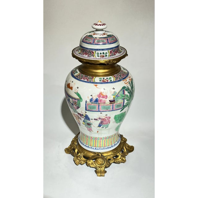 Metal French Gilt Bronze Mounted Chinese Export Style Porcelain Vase with Cover For Sale - Image 7 of 12