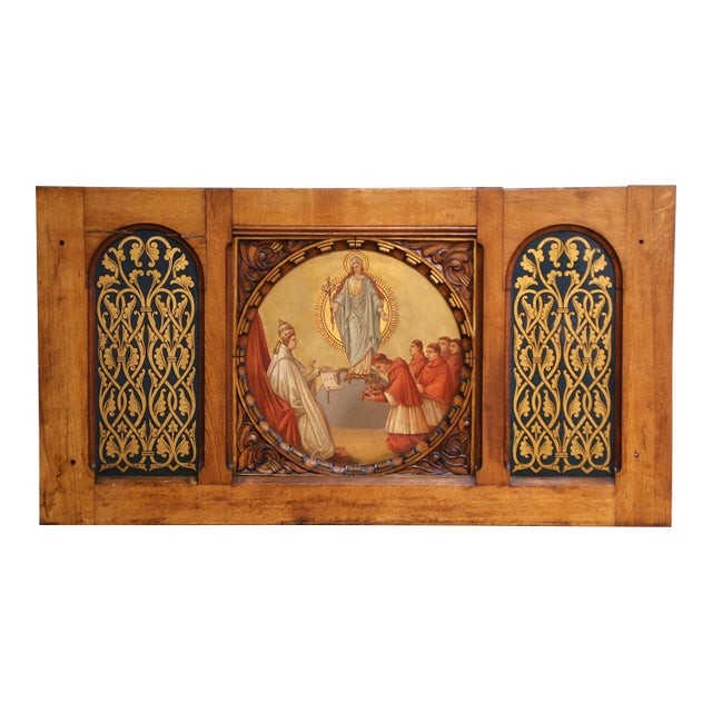 19th Century French Gothic Hand Painted Walnut Altar Panel With Marian Imagery For Sale